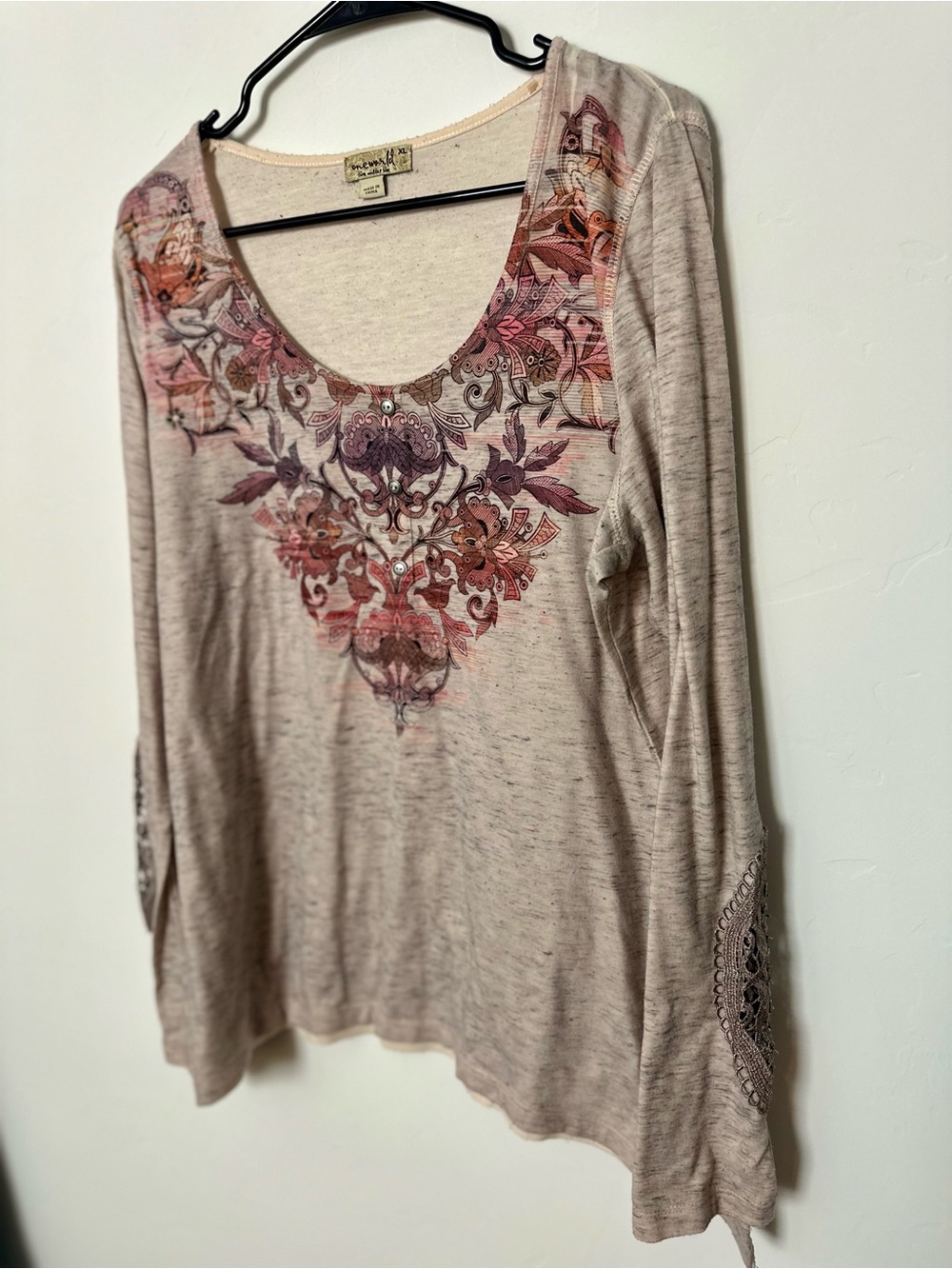 One World Beige Floral Embellished Scoop Neck Top